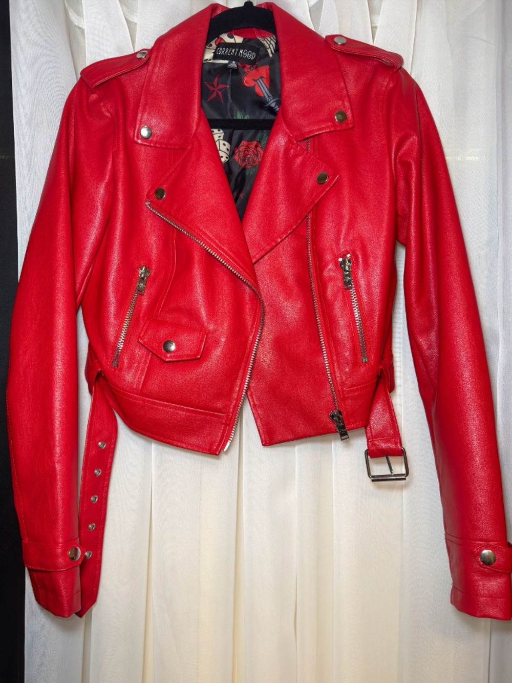 Current Mood Red Faux Leather Biker Moto Jacket Sinner Graphic Back M Alt - Picture 2 of 4